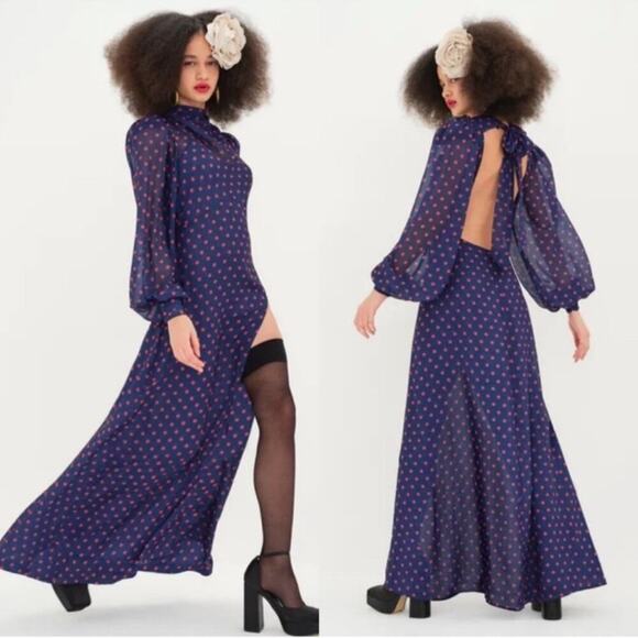 For Love & Lemons Mavis Polkadot Long Sleeve Blue and Red Maxi Dress Sz XS - Picture 3 of 13